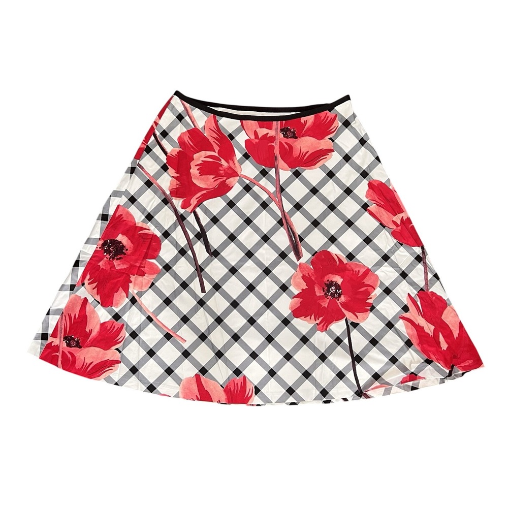 Talbots Skirt Sz 10 Black White‎ Red Cotton Floral A Line Stretch Lined Office